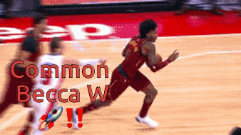 a basketball player is running on the court with the words " common becca w " behind him