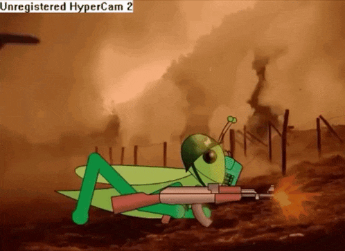 a cartoon grasshopper is holding a gun in front of a smokey background with the words unregistered hypercam 2