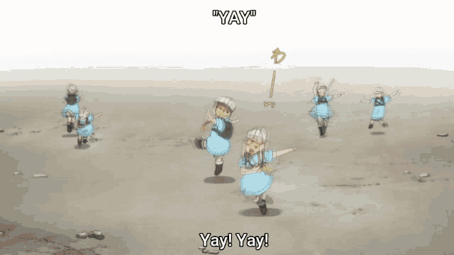 a group of children are dancing in a field with the words yay yay