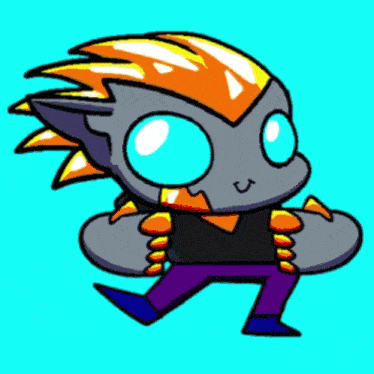 a cartoon character with orange hair and blue eyes is walking on a blue background