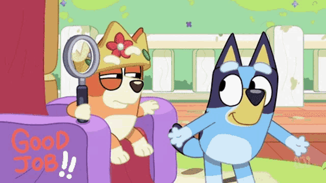a cartoon dog is holding a magnifying glass next to another dog that says good job ..
