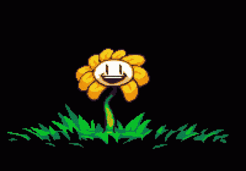 a pixel art drawing of a flower with a face on it .