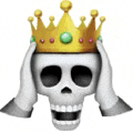 a skull with a crown on its head is covering its ears with its hands .