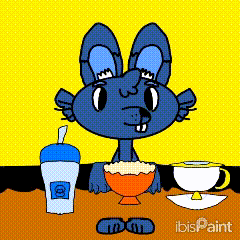 a cartoon of a rabbit sitting at a table with a bowl of popcorn and a cup of coffee