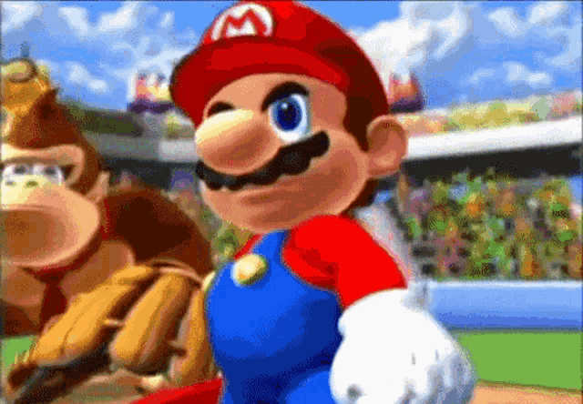 a cartoon of mario and donkey kong playing baseball