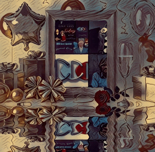 a framed picture of a man and a woman surrounded by gifts and balloons