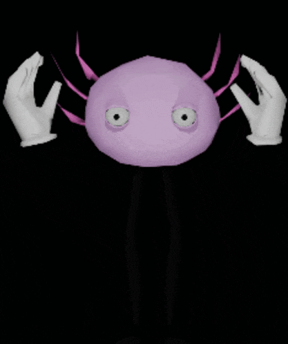 a purple axolotl is being held by two white gloves on a black background