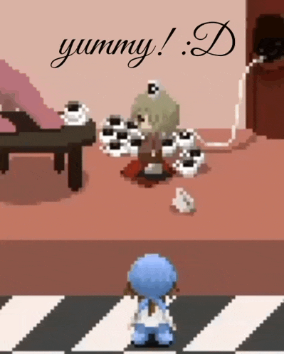 a pixel art of a girl sitting on the floor with the words yummy ! : d written on the bottom