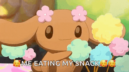 a cartoon cinnamon roll is eating cotton candy .