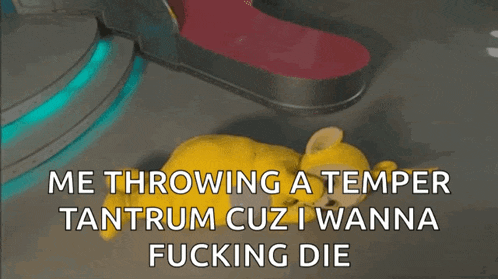a yellow teddy bear is laying on the ground with the words me throwing a temper tantrum
