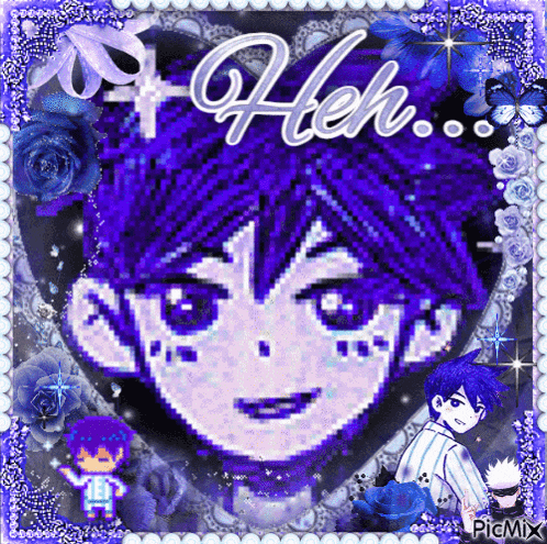 a pixel art of a boy with purple hair and the words " heh "