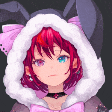 a girl with red hair and blue eyes wearing a bunny hood
