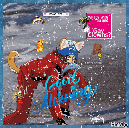 a cartoon of a man with a dolphin and the words " good morning " on the bottom