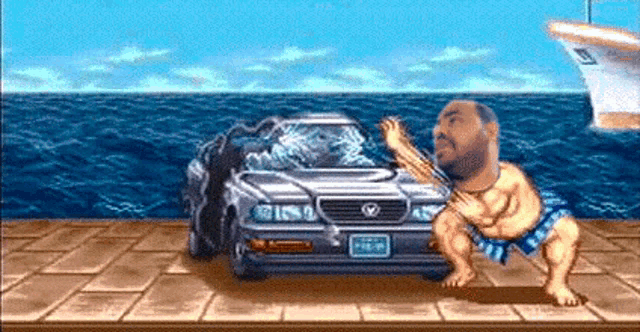 a video game scene with a man standing next to a car with a broken windshield