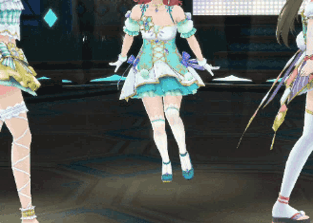 three anime characters are standing next to each other in a room