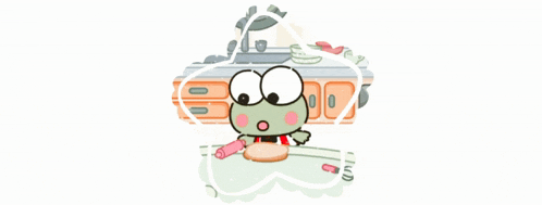 a frog is sitting at a table with a rolling pin in his hand