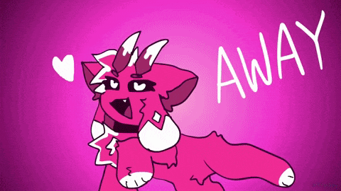 a cartoon drawing of a pink cat with the words away written below it