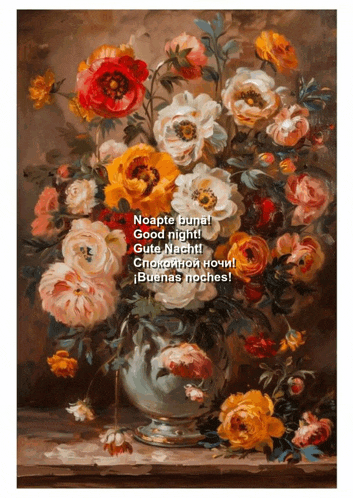 a painting of flowers in a vase with the words noapte bunal good night guten nacht and buenas noches