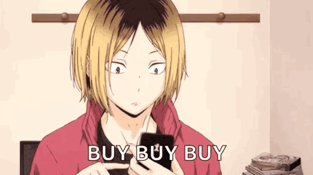 a man in a red jacket is holding a cell phone in his hand and saying `` buy buy buy '' .