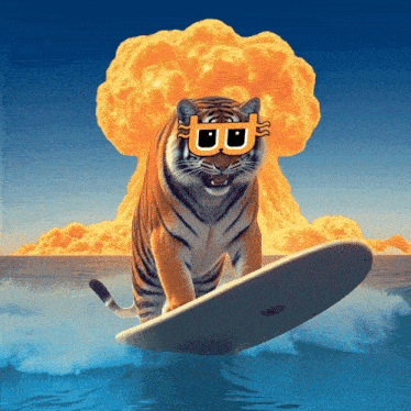 a tiger wearing sunglasses with the letter b on it is riding a wave