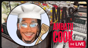 a man in a chef 's hat with a spatula in front of a grocery cart