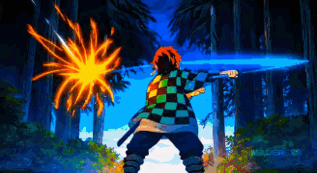 a pixel art of a person holding a sword in a forest .