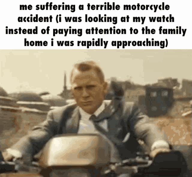 a man in a suit and tie is riding a motorcycle with a caption .