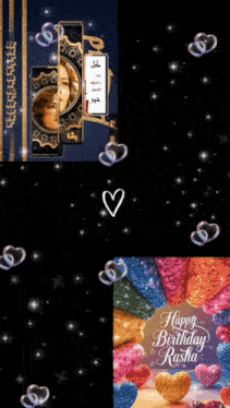 a happy birthday rasha greeting card with hearts and stars
