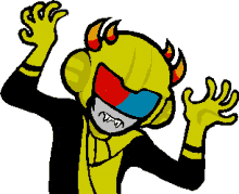 a cartoon drawing of a monster with a yellow helmet and red eyes