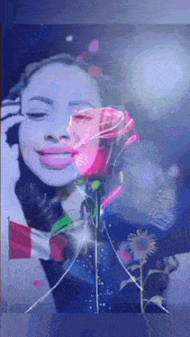 a woman is holding a pink rose in front of her face while talking on a cell phone