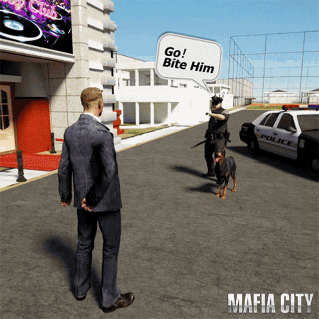 a man in a suit stands in front of a police car with a speech bubble that says go bite him