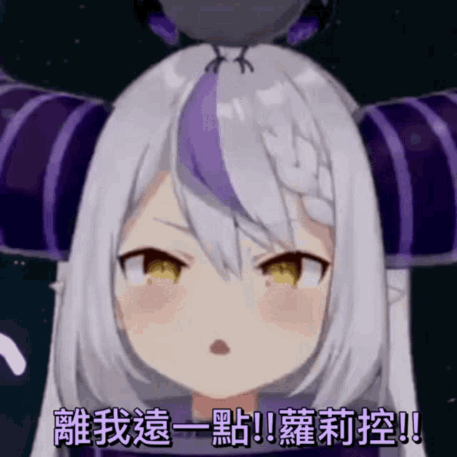 a girl with purple hair and a bird on her head has chinese writing below her