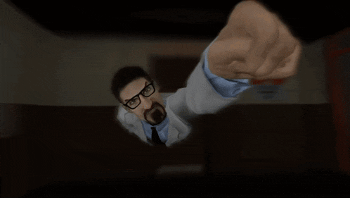 a man with glasses and a beard is flying through the air with his fist up