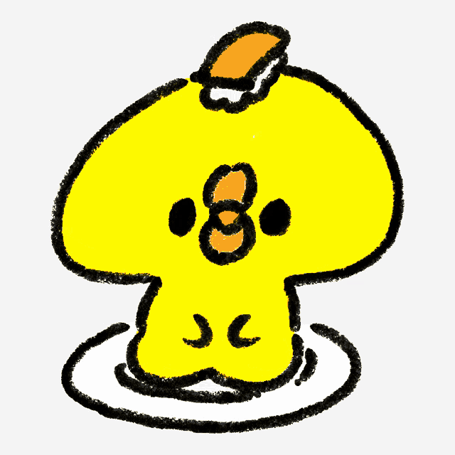 a cartoon drawing of a yellow chicken with a sandwich on its head