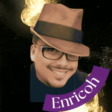 a man wearing a hat and glasses is surrounded by a purple enricoh sticker