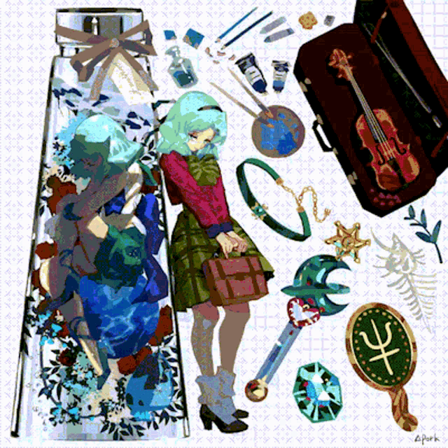 a drawing of a girl surrounded by various items including a violin and a mirror with an x on it