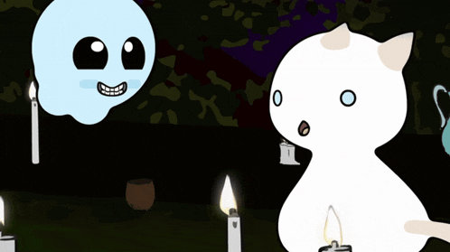 a cartoon of a ghost and a cat with candles in front of them