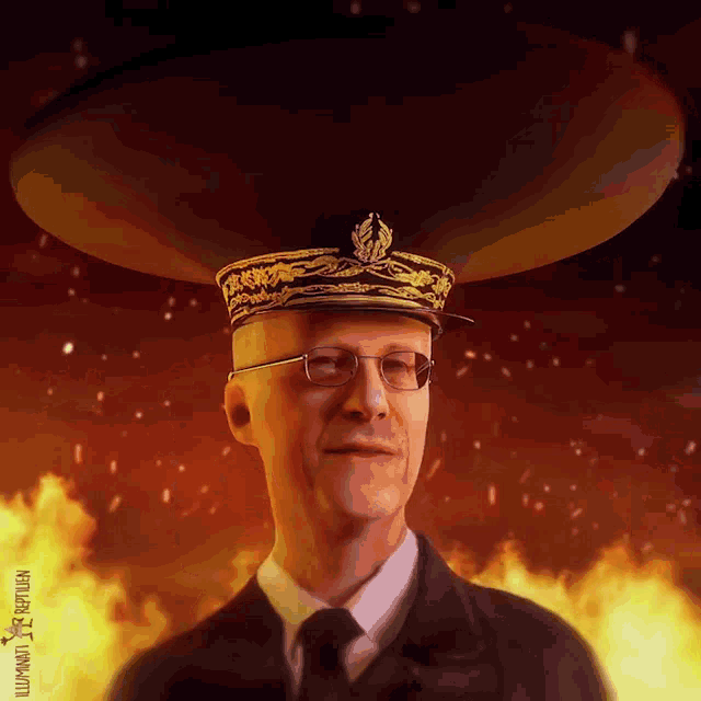 a man in a military uniform has a large hat on his head and the words illuminati written on the bottom