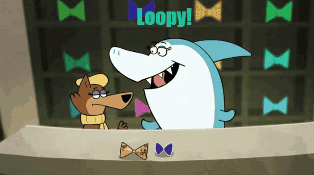 a shark and a dog are standing next to each other with the words loopy written above them