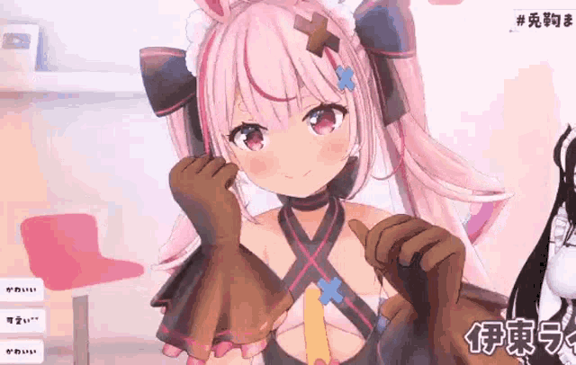 a girl with pink hair and brown gloves is giving a thumbs up in a video game .