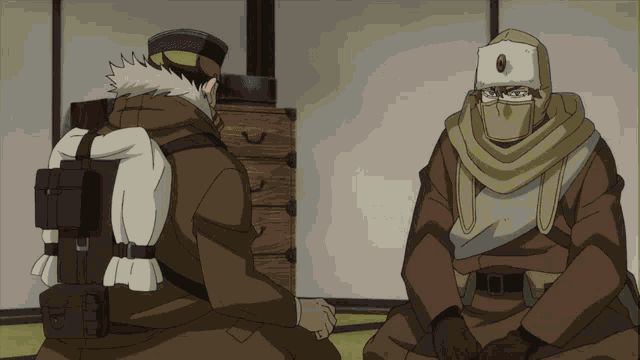 a man with a backpack sits next to another man with a scarf around his head