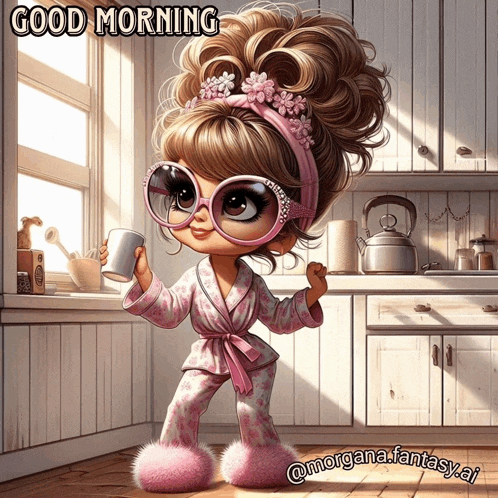 a picture of a little girl holding a cup with the words good morning