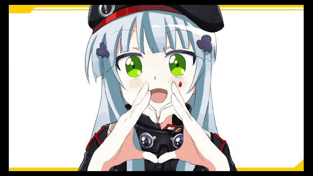 a girl with green eyes makes a heart shape with her hands