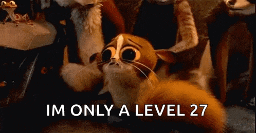 a cartoon cat is sitting on the floor with the words `` im only a level 27 '' written above it .