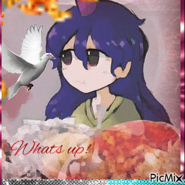 a picture of a girl with a bird and the words whats up on the bottom right