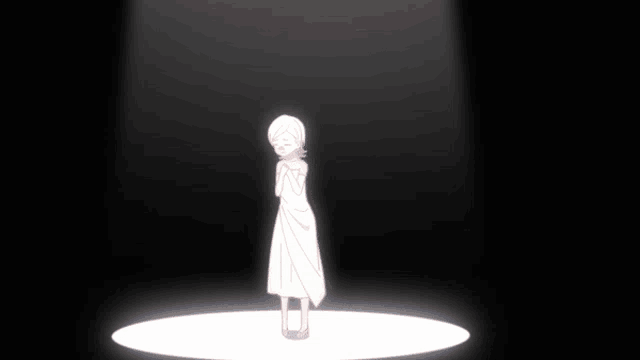 a girl in a white dress is standing in the spotlight
