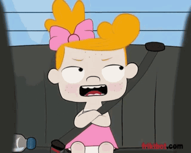 a little girl is sitting in a car seat with her arms crossed