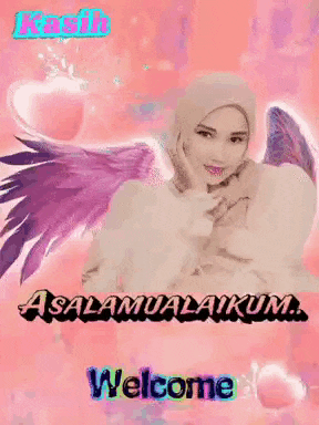 a woman in a hijab with purple wings is on a pink background with the words welcome .