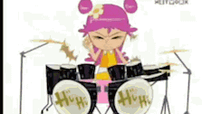 a cartoon girl is sitting at a drum set and playing drums .