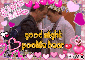 a picture of two men with the words kiss me goodnight pookie bear